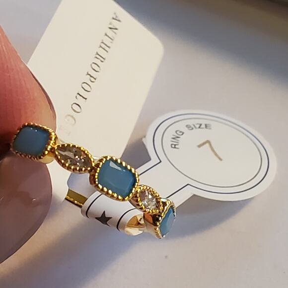 Anthropologie Turquoise square and oval gemstone ring Gold over Brass Size 7 NWT - Picture 2 of 10